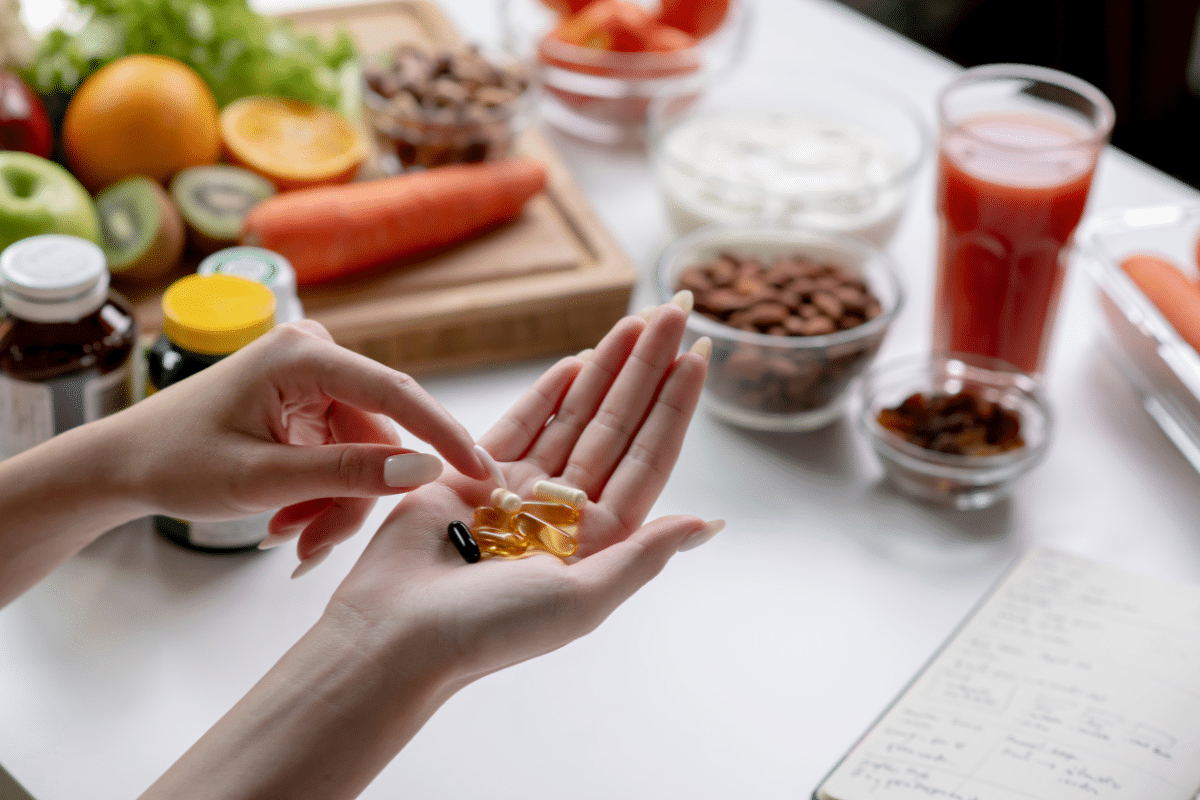 a woman holding supplements in her hand and on the table in front of her are fruits, vegetables, and other supplements